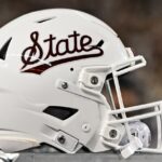 A close-up look at a Mississippi State football helmet.
