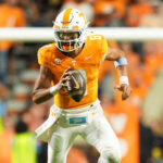 Nico Iamaleava before throwing a pass in Tennessee's game against Mississippi State in 2024