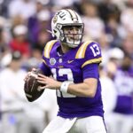Garrett Nussmeier of LSU attempts a pass during the Texas Bowl.